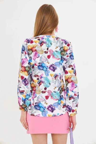 Women's Blue Elasticated Sleeves Patterned Shirt ARM-25Y - 4