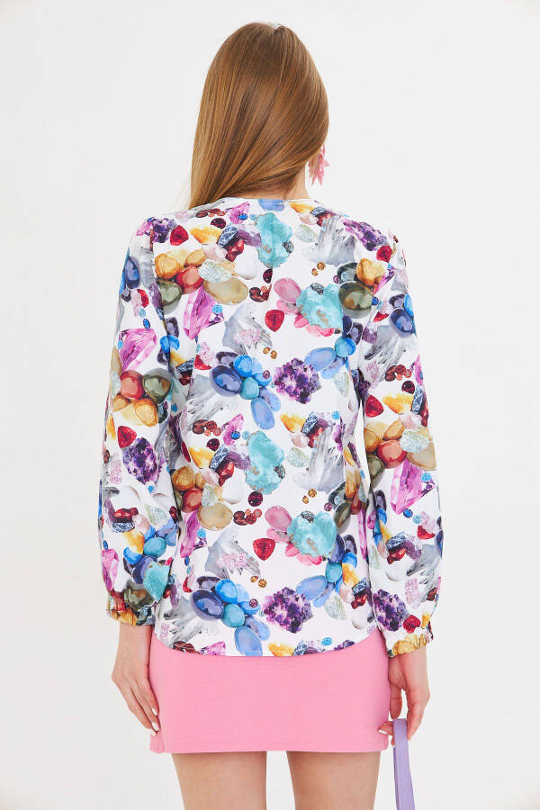 Women's Blue Elasticated Sleeves Patterned Shirt ARM-25Y - 4