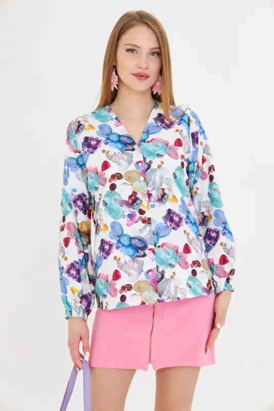 Women's Blue Elasticated Sleeves Patterned Shirt ARM-25Y - 3