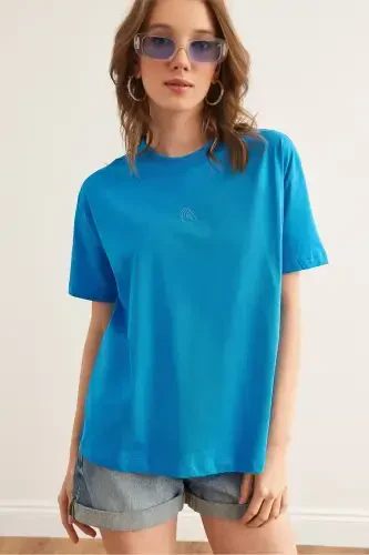 Women's Blue Embroidered Boyfriend Cotton T-Shirt TSH-1900 - 1