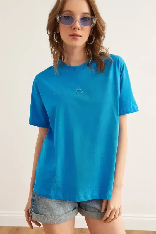 Women's Blue Embroidered Boyfriend Cotton T-Shirt TSH-1900 - 1