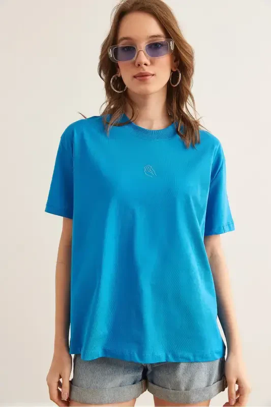 Women's Blue Embroidered Boyfriend Cotton T-Shirt TSH-1900 - 2