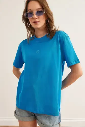 Women's Blue Embroidered Boyfriend Cotton T-Shirt TSH-1900 - 3