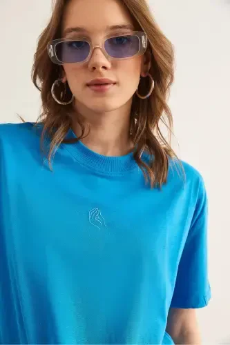 Women's Blue Embroidered Boyfriend Cotton T-Shirt TSH-1900 - 4