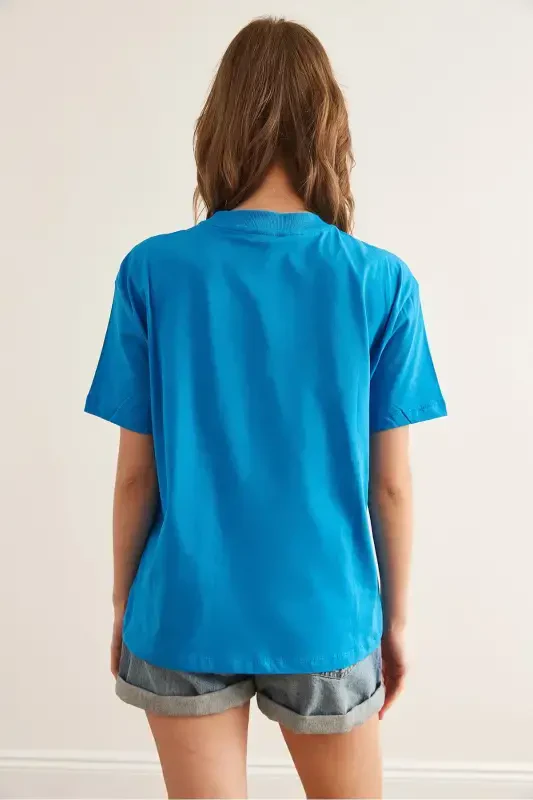 Women's Blue Embroidered Boyfriend Cotton T-Shirt TSH-1900 - 5