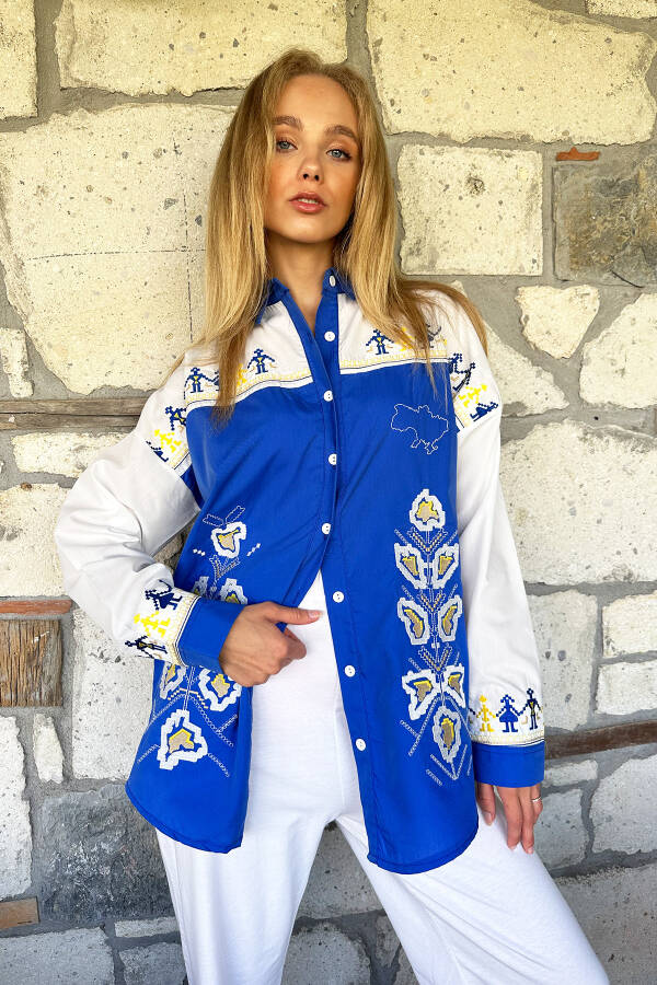 Women's Blue Embroidered Poplin Oversized Shirt ALC-X11166 - 1