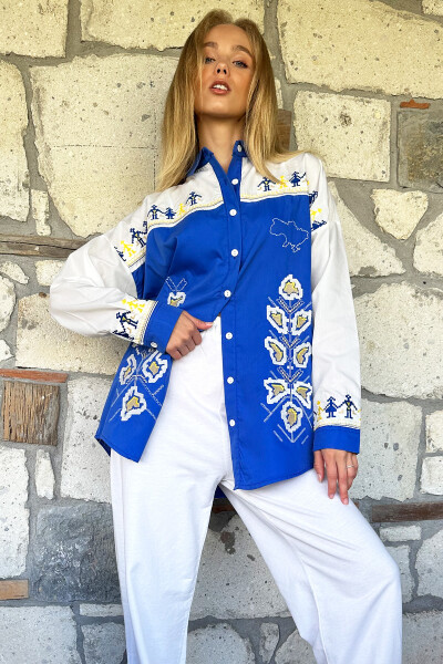 Women's Blue Embroidered Poplin Oversized Shirt ALC-X11166 - 3