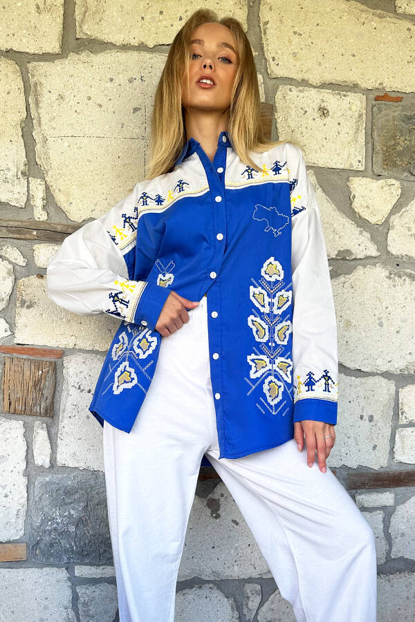 Women's Blue Embroidered Poplin Oversized Shirt ALC-X11166 - 3