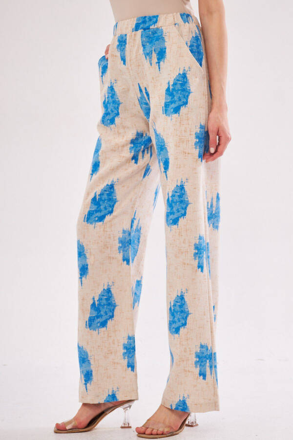 Women's Blue Ena Pants with Elastic Waist, Pocket Detail, Linen Look Wide Leg ARM-24Y001021 - 3