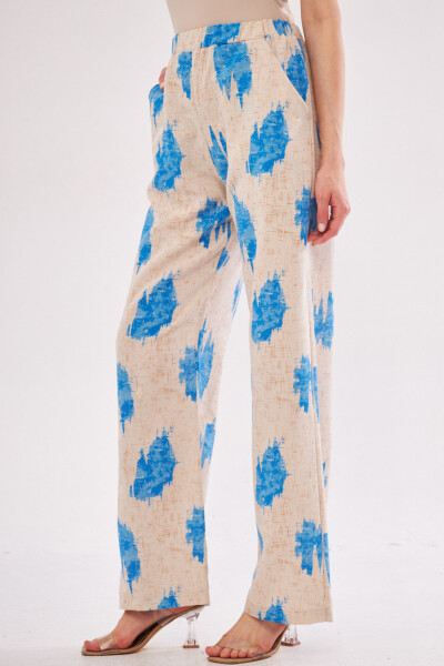 Women's Blue Ena Pants with Elastic Waist, Pocket Detail, Linen Look Wide Leg ARM-24Y001021 - 7