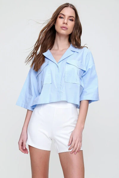 Women's Blue Envelope Pocket Crop Poplin Shirt ALC-X6045 - TREND ALAÇATI STILI