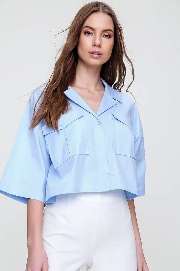 Women's Blue Envelope Pocket Crop Poplin Shirt ALC-X6045 - 4