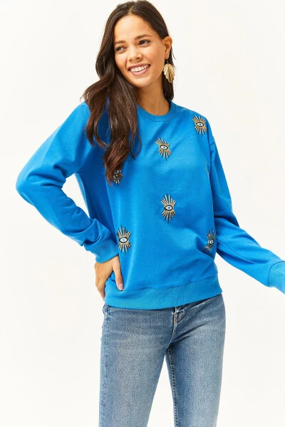 Women's Blue Eye Embroidered Seasonal Sweatshirt SWT-19000598 - 3