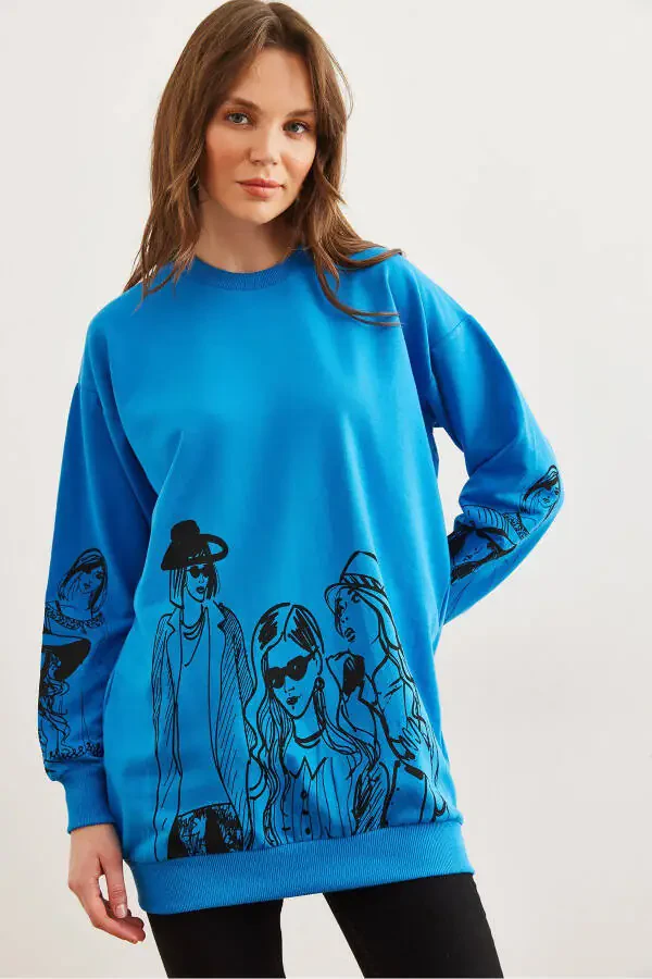 Women's Blue Figure Oversized Sweatshirt SWT-19000452 - 1