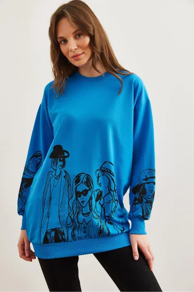 Women's Blue Figure Oversized Sweatshirt SWT-19000452 - 3
