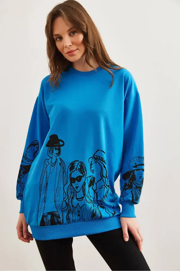 Women's Blue Figure Oversized Sweatshirt SWT-19000452 - 3