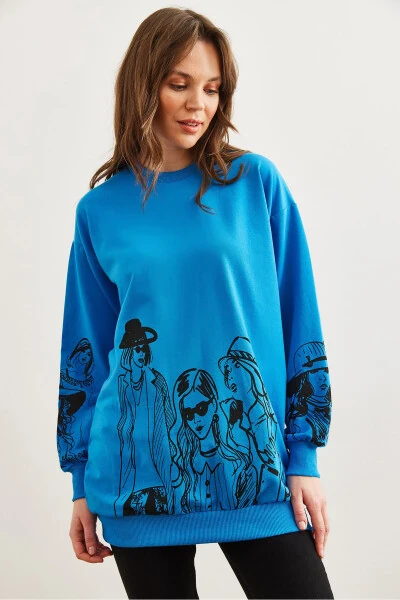 Women's Blue Figure Oversized Sweatshirt SWT-19000452 - 4