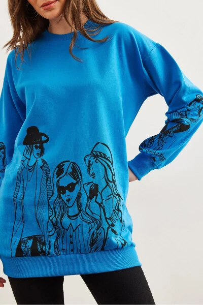 Women's Blue Figure Oversized Sweatshirt SWT-19000452 - 5