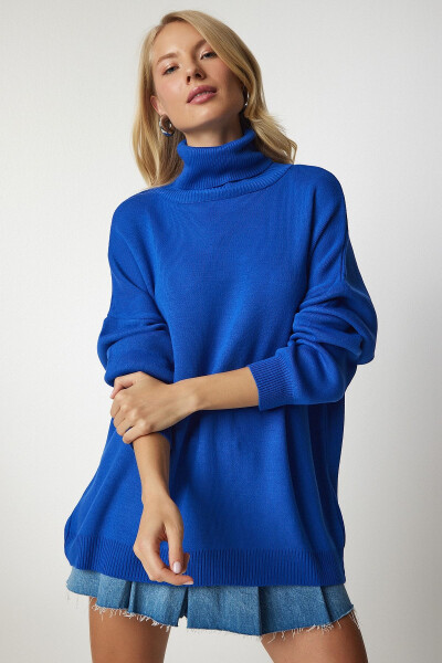 Women's Blue Fisherman Collar Oversize Knitted Sweater BV00084 - HAPPINESS İSTANBUL (1)