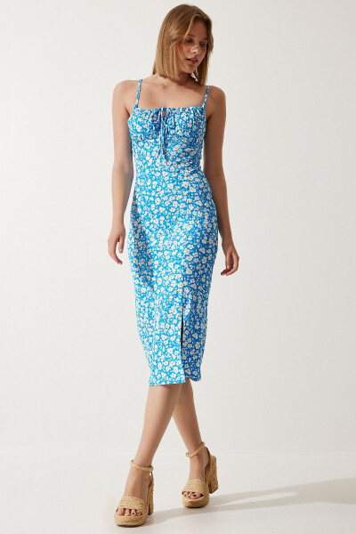 Women's Blue Floral Slit Summer Knit Dress CI00029 - 2