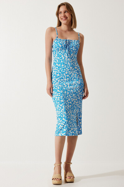 Women's Blue Floral Slit Summer Knit Dress CI00029 - 3