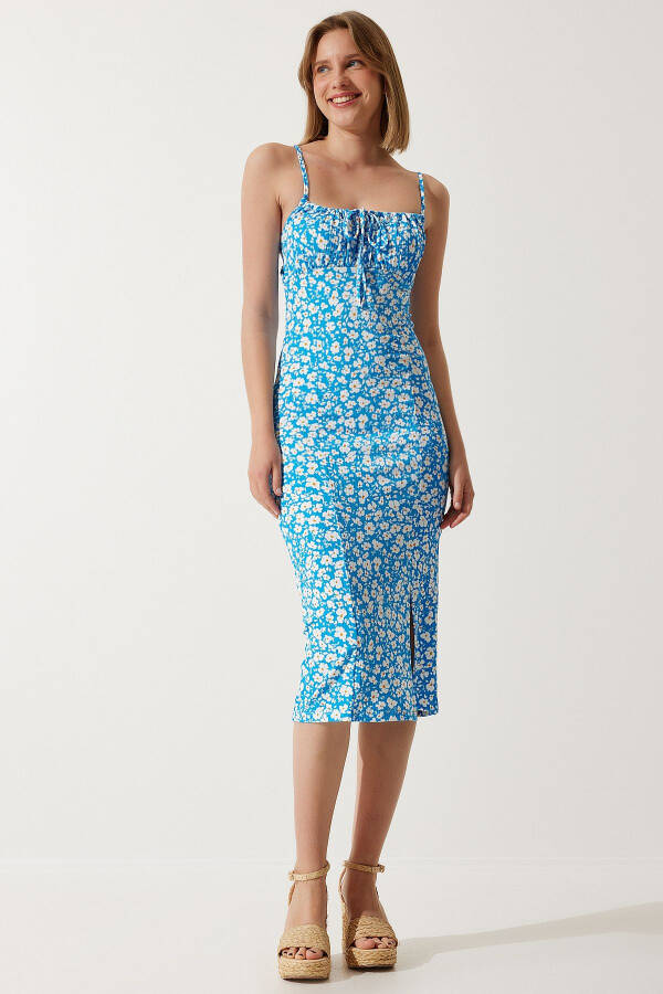 Women's Blue Floral Slit Summer Knit Dress CI00029 - 3