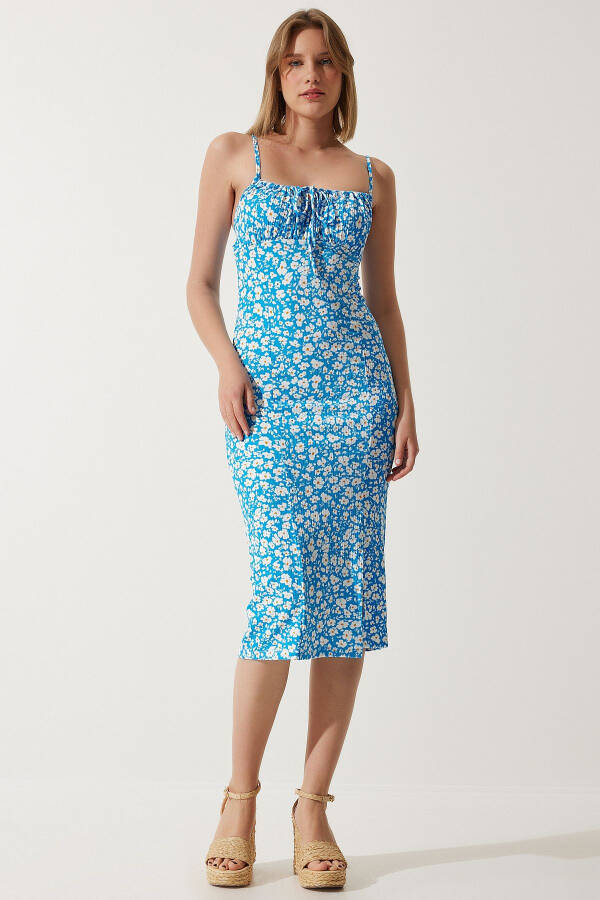 Women's Blue Floral Slit Summer Knit Dress CI00029 - 4