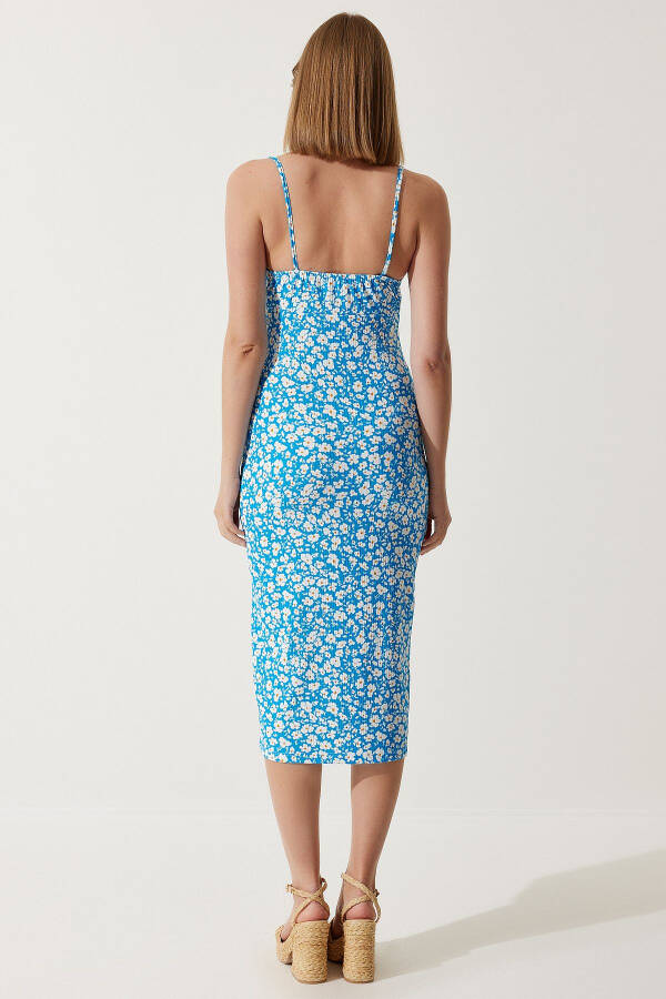 Women's Blue Floral Slit Summer Knit Dress CI00029 - 6