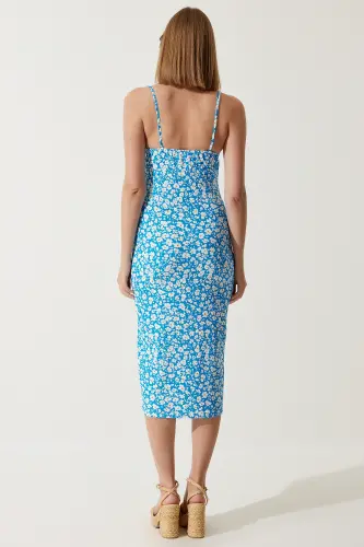 Women's Blue Floral Slit Summer Knit Dress CI00029 - 1