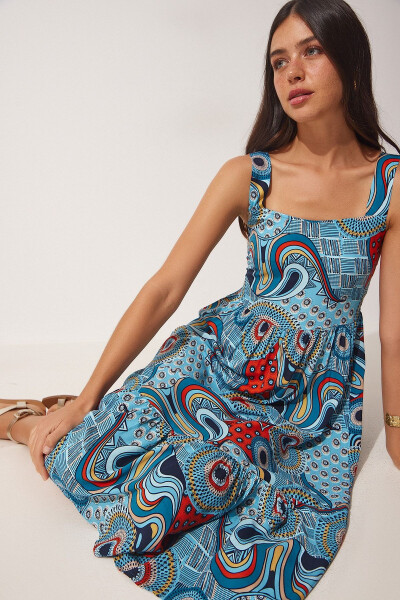 Women's Blue Floral Square Neck Summer Viscose Dress DD01189 - HAPPINESS İSTANBUL