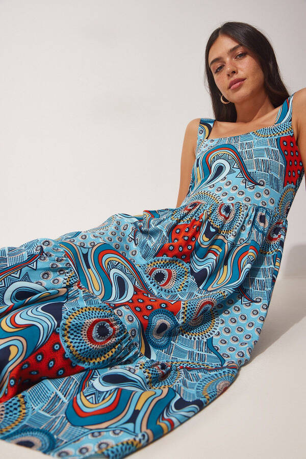 Women's Blue Floral Square Neck Summer Viscose Dress DD01189 - 2