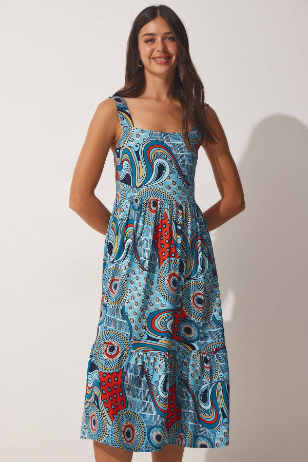 Women's Blue Floral Square Neck Summer Viscose Dress DD01189 - 3