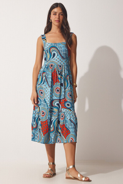 Women's Blue Floral Square Neck Summer Viscose Dress DD01189 - 4