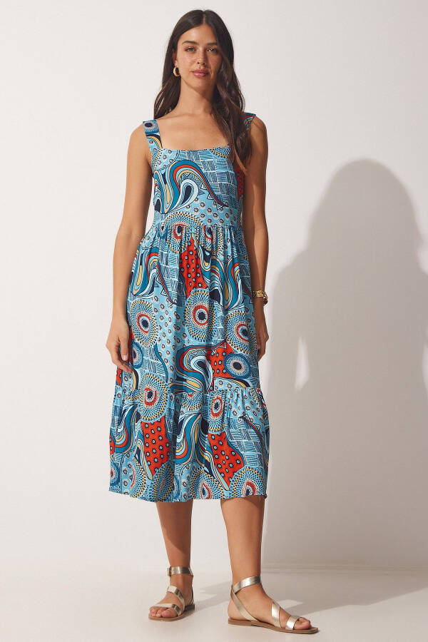 Women's Blue Floral Square Neck Summer Viscose Dress DD01189 - 4