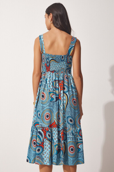 Women's Blue Floral Square Neck Summer Viscose Dress DD01189 - 5