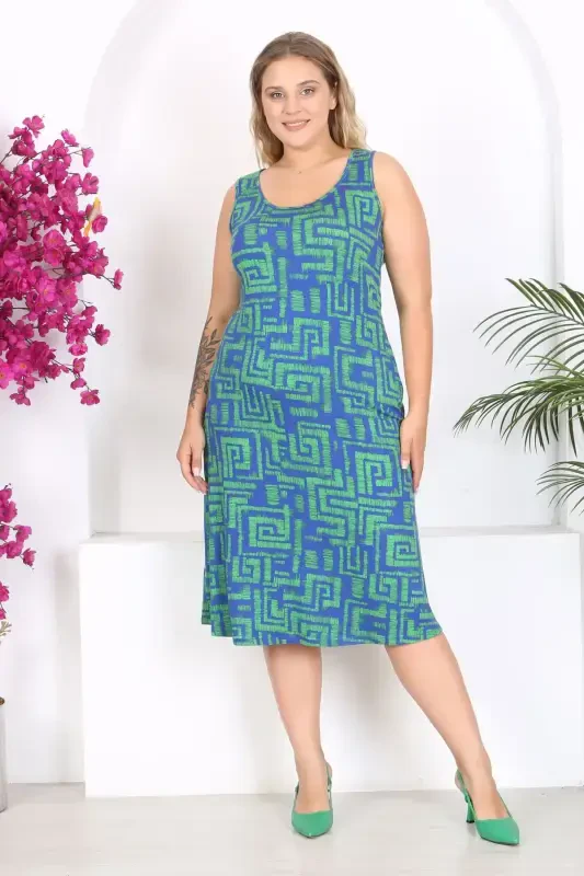 Women's Blue Green Maze Patterned Plus Size Tank Dress-Blue Green - 12