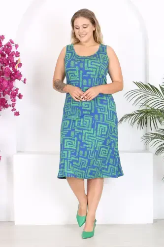 Women's Blue Green Maze Patterned Plus Size Tank Dress-Blue Green - MADWILO (1)