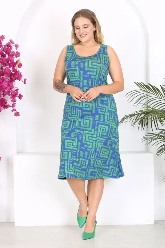 Women's Blue Green Maze Patterned Plus Size Tank Dress-Blue Green - 2
