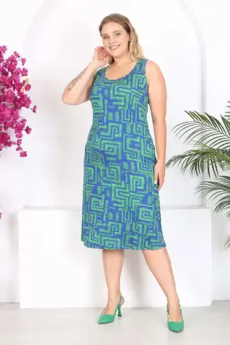 Women's Blue Green Maze Patterned Plus Size Tank Dress-Blue Green - 3