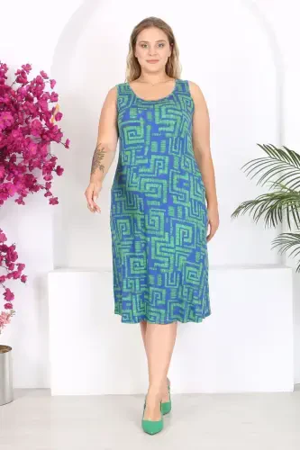 Women's Blue Green Maze Patterned Plus Size Tank Dress-Blue Green - 8