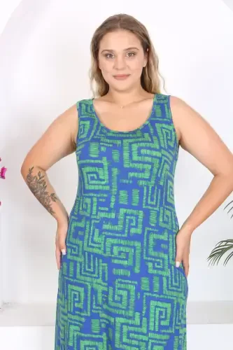 Women's Blue Green Maze Patterned Plus Size Tank Dress-Blue Green - 5