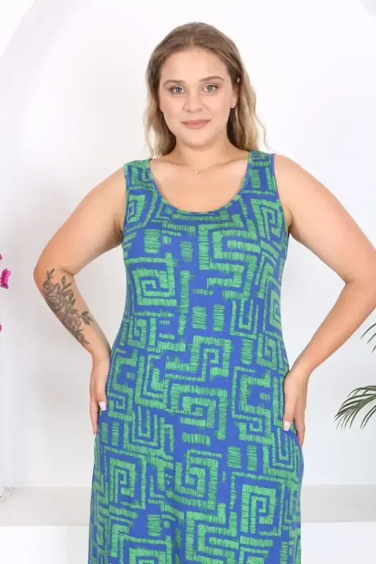 Women's Blue Green Maze Patterned Plus Size Tank Dress-Blue Green - 5