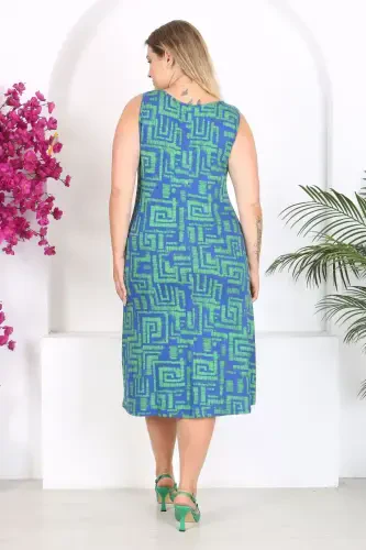 Women's Blue Green Maze Patterned Plus Size Tank Dress-Blue Green - 6