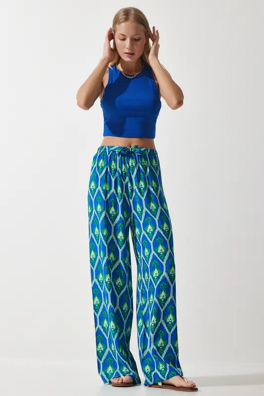 Women's Blue Green Patterned Viscose Palazzo Pants EN00606-Blue Green - 2
