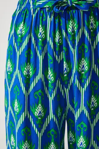 Women's Blue Green Patterned Viscose Palazzo Pants EN00606-Blue Green - 4