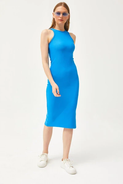 Women's Blue Halter Neck Lycra Thin Striped Slit Ottoman Dress ELB-19002081 - OLALOOK