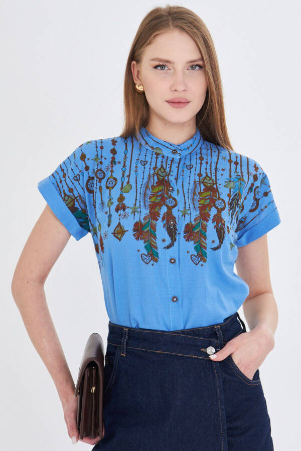 Women's Blue Judge Collar Short Sleeve Shirt ARM-25Y001 - 1