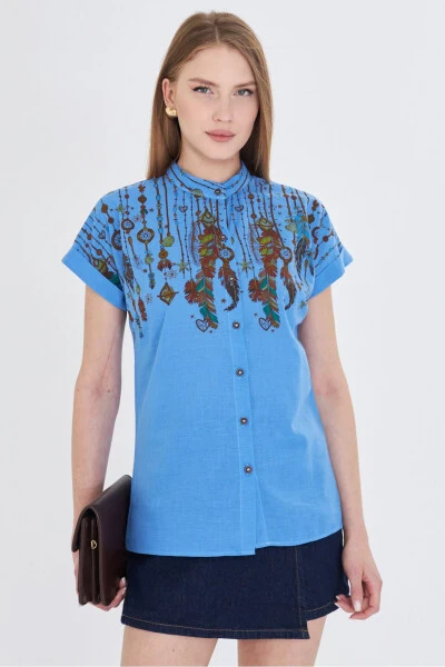 Women's Blue Judge Collar Short Sleeve Shirt ARM-25Y001 - 3