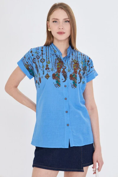 Women's Blue Judge Collar Short Sleeve Shirt ARM-25Y001 - 5