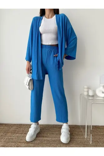 Women's Blue Kimono Pants Knitted Suit-Blue - 4